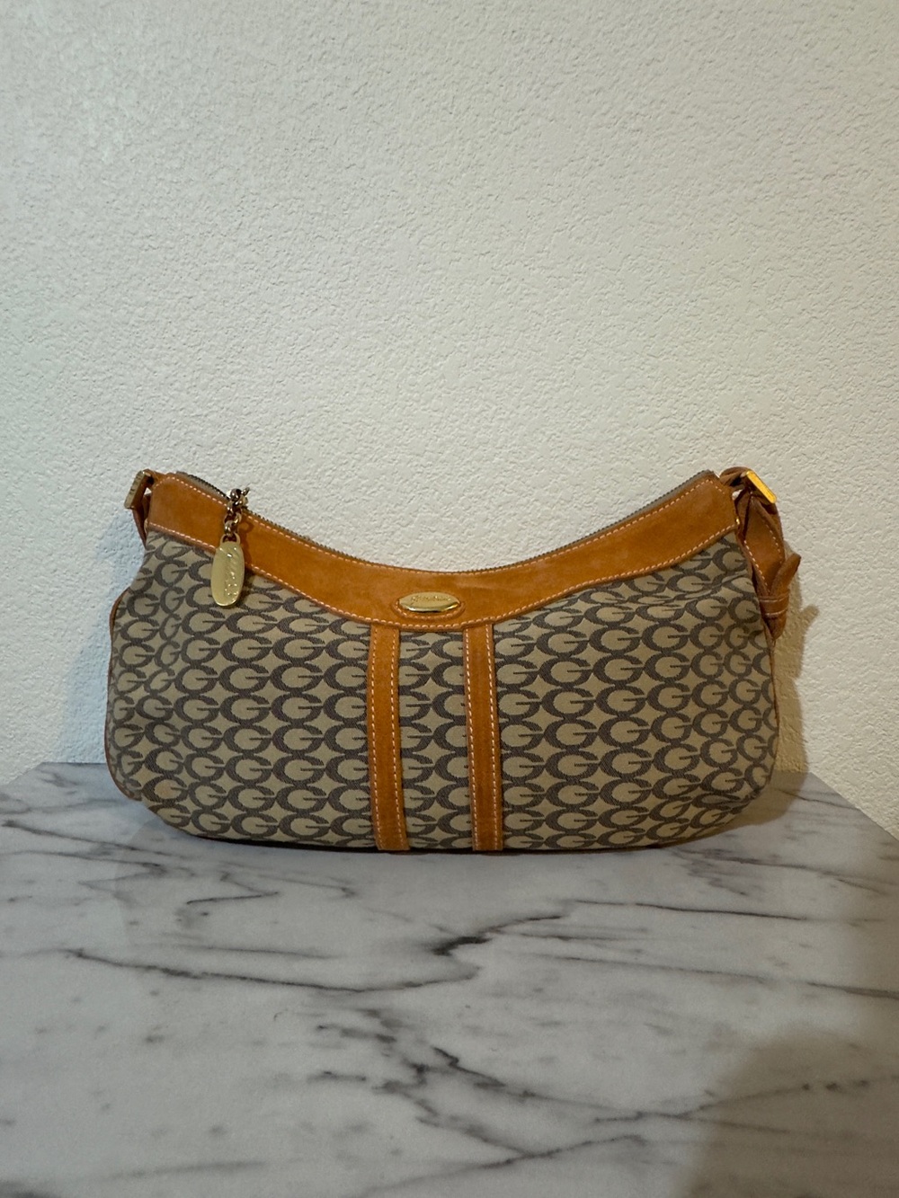 Guess Monogram Shoulder Bag in Brown and Tan Leather Trim